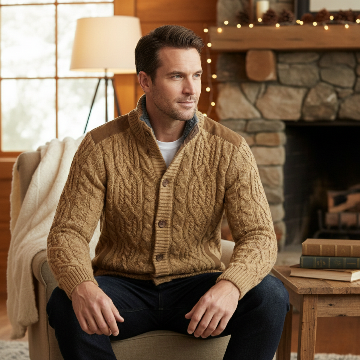 Warm Mens Wool Blend Fleece Lined Cardigan