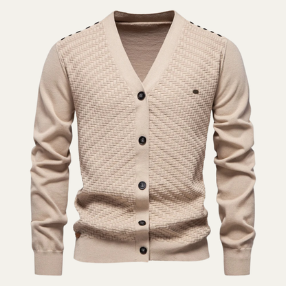 Rugged Mens Cable Knit V Neck Cardigan Sweater - Nocini