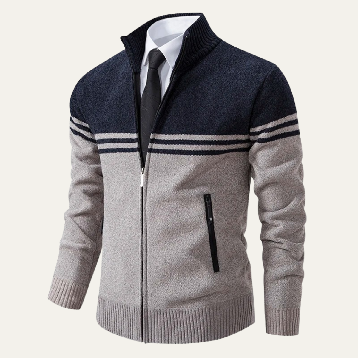 Warm Men's Striped Fleece Lined Knit Jacket Sweater