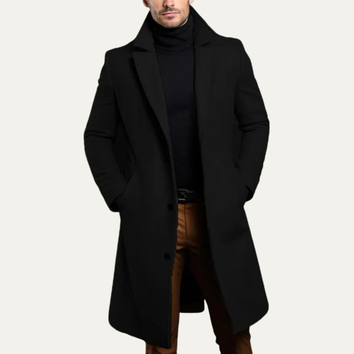Slim Fit Men's Classic Black Wool Overcoat