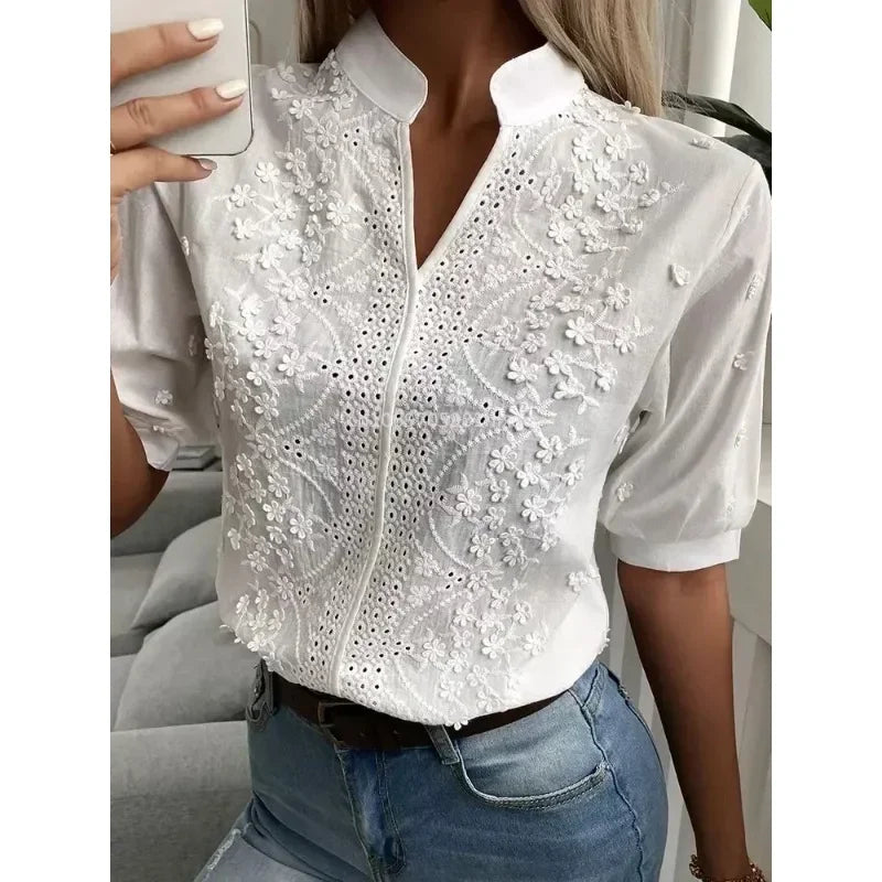 Casual V Neck Embroidered White Top