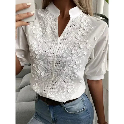 Casual V Neck Embroidered White Top