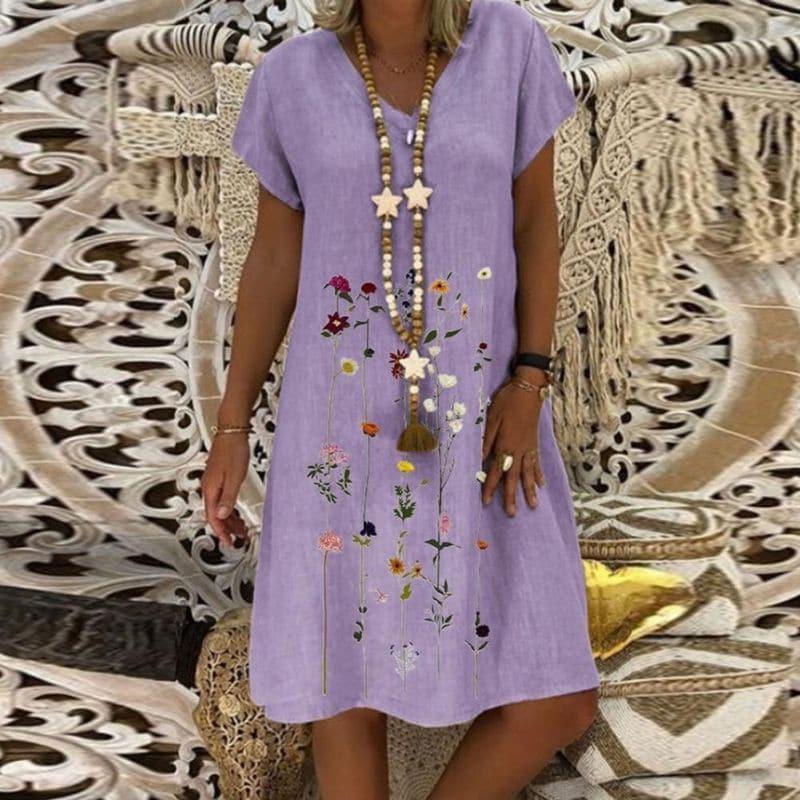 Relaxed Fit Ladies Linen Dress with Embroidery