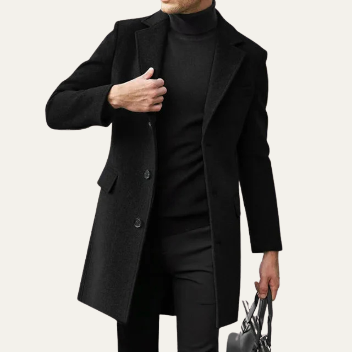 Slim Fit Classic Black Wool Overcoat for Men