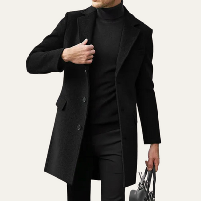 Slim Fit Classic Black Wool Overcoat for Men