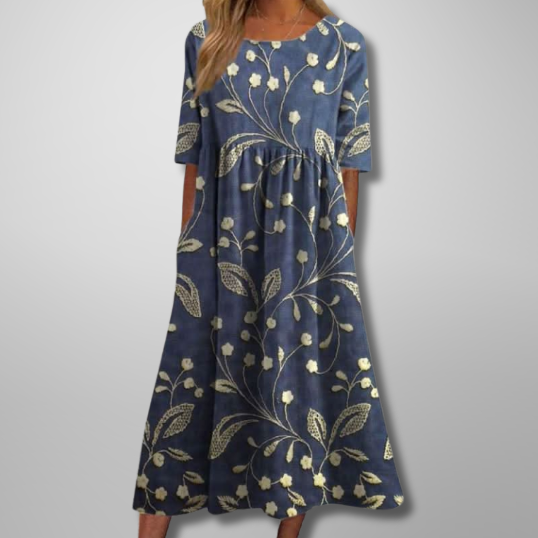 Ladies Vintage Floral A-Line Maxi Dress with Cap Sleeves - Nocini