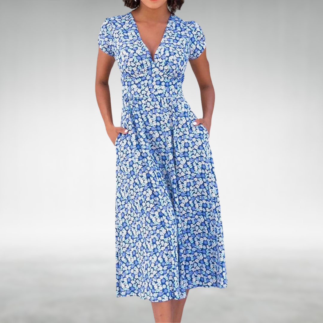 Ladies' Pretty Flower V-Neck Summer Dress with Pockets