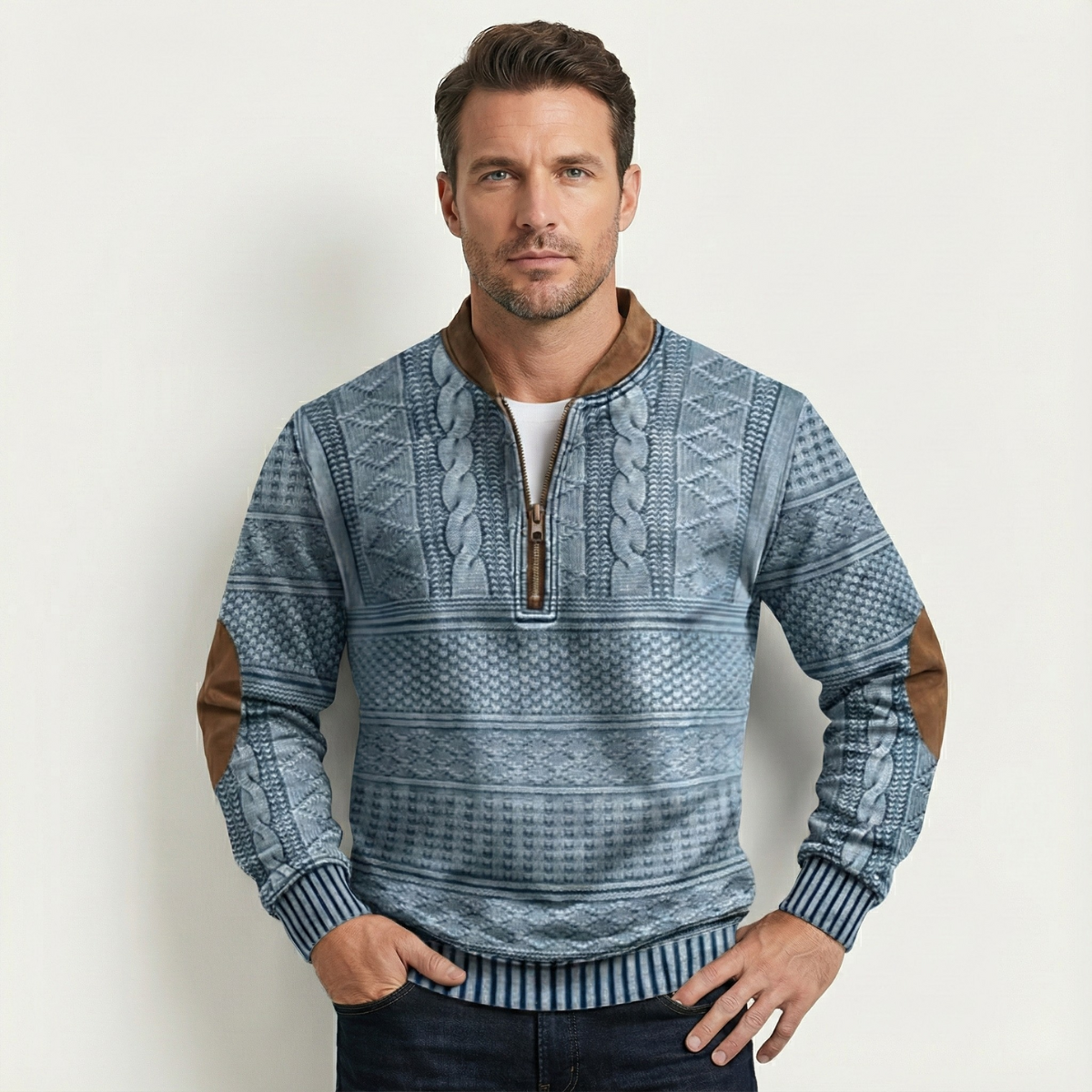 Relaxed Fit Mens Patterned Sweater with Patches