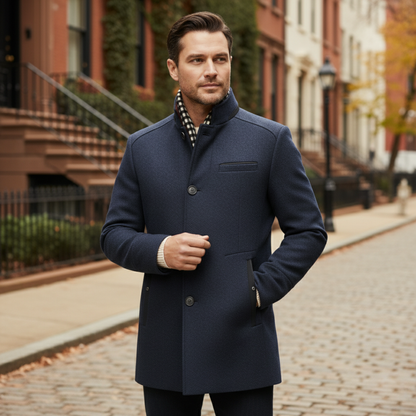 Classic Men's Wool Overcoat with Stand Up Collar