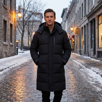 Warm Men's Black Down Parka Coat with Hood