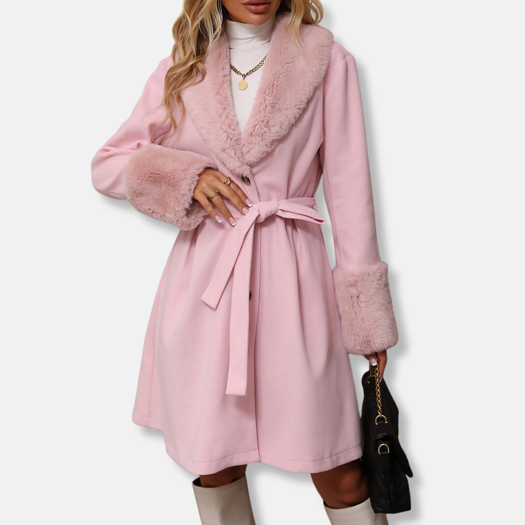 Classic Ladies Wool Trench Coat with Fur Trim - Nocini