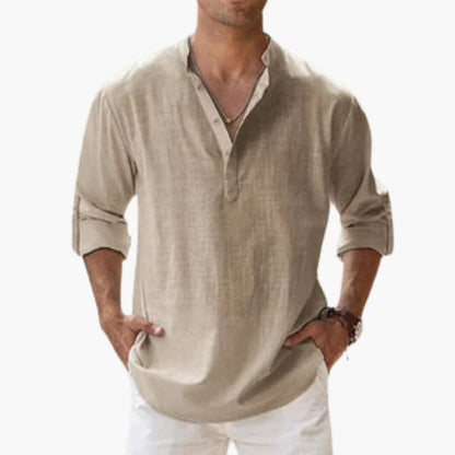 Relaxed Fit Men's Linen Henley Shirt Long Sleeve