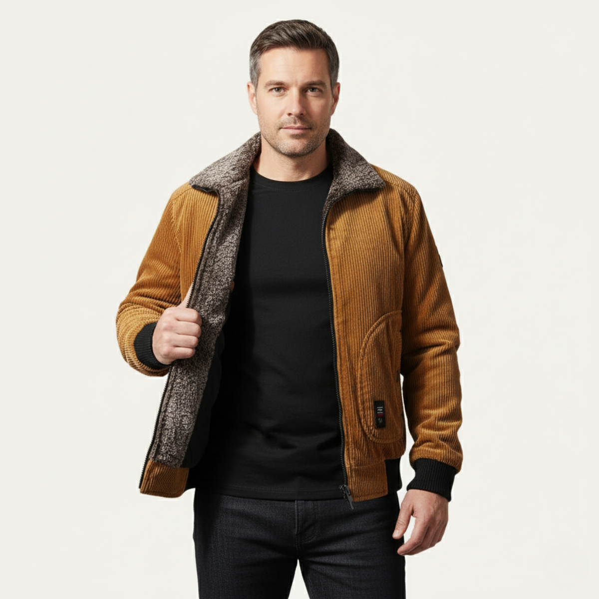 Warm Men's Quilted Fleece Jacket with Fur Trim Coat