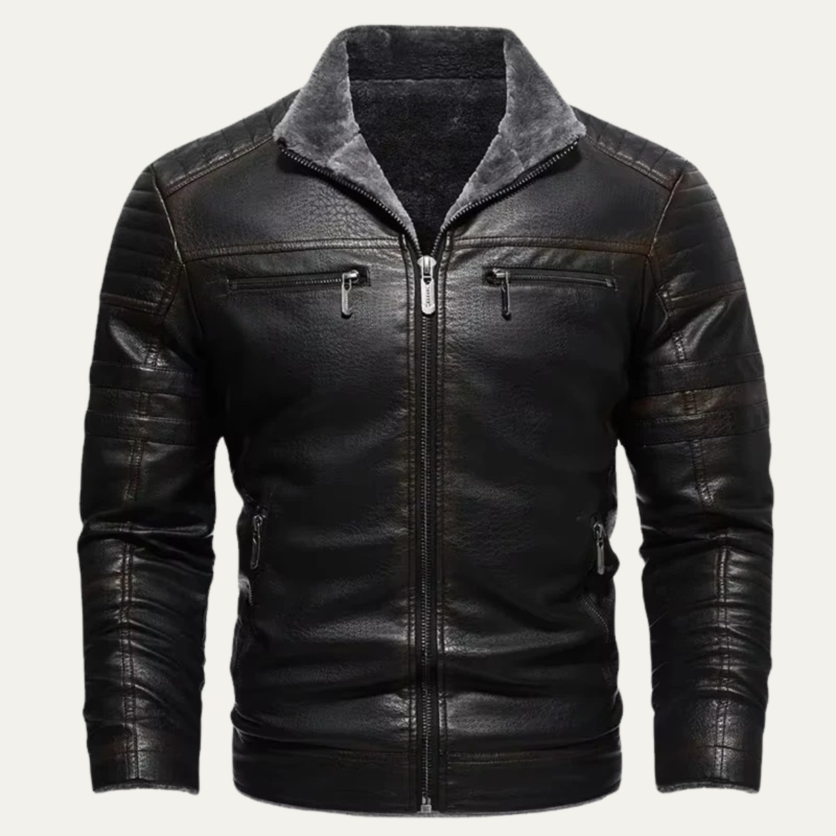 Brown Mens Classic Faux Shearling Leather Coat