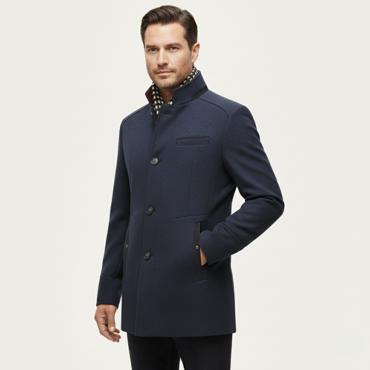 Classic Men's Wool Overcoat with Stand Up Collar
