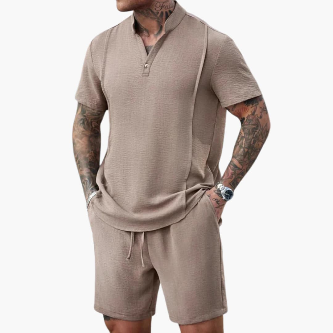 Summer Casual Men's Henley Shirt Shorts Set