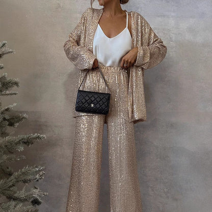 Glittering Sequin Blazer Jacket and Wide Leg Pants Set