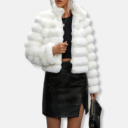 Luxurious Short Faux Fur Coat | High Collar, Long Sleeve - Nocini