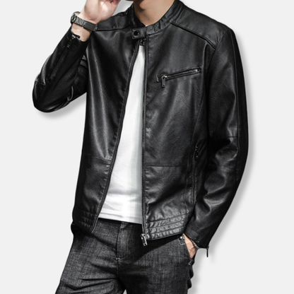 Men's Leather Biker Jacket Slim Fit Zip Pockets - Nocini