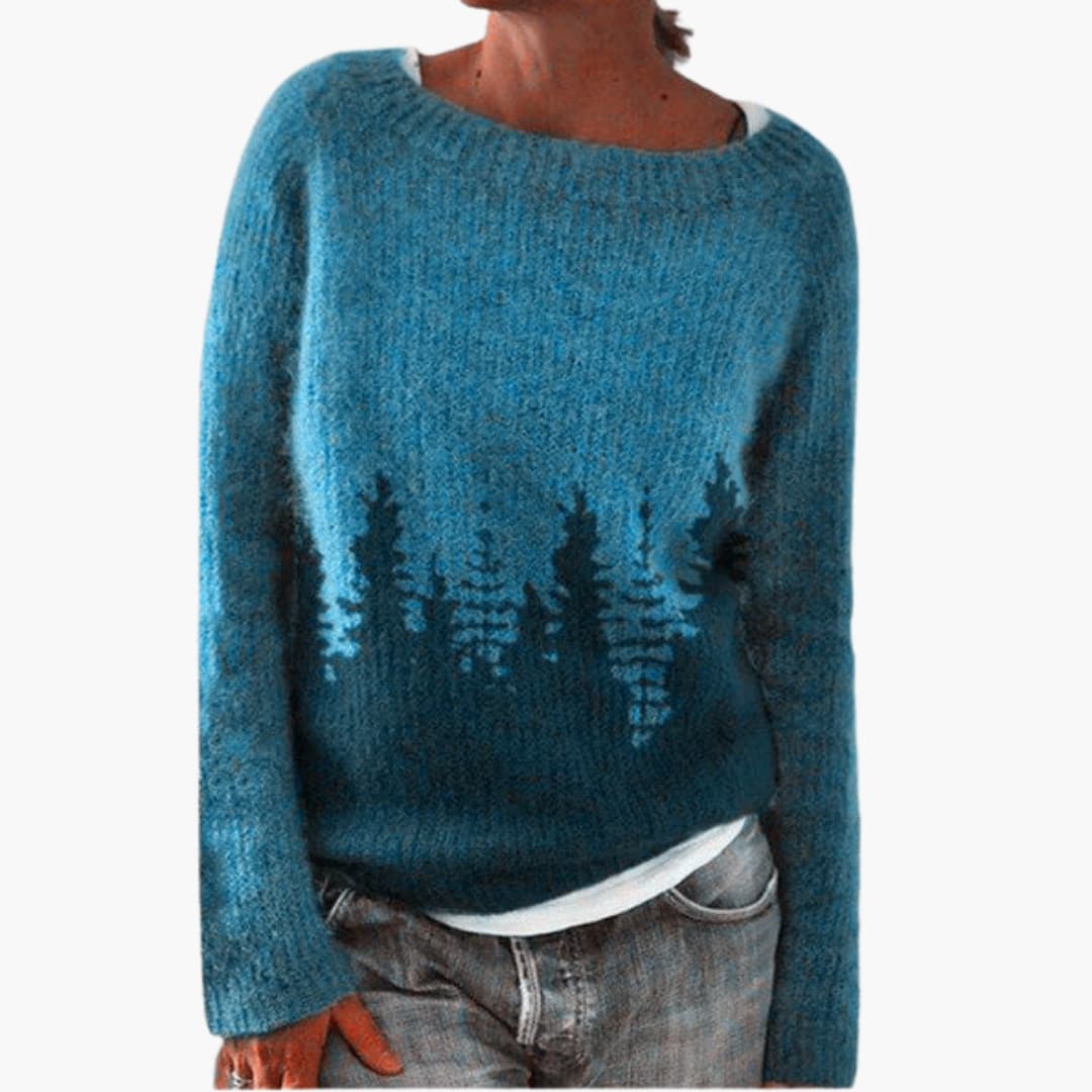 Ladies Crew Neck Tree Print Sweater - Olytrend