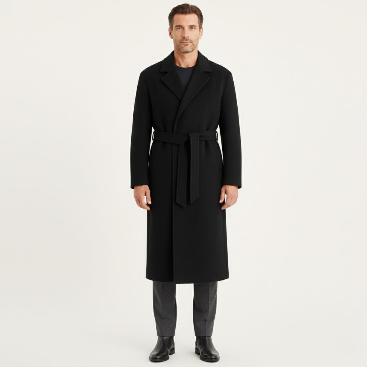 Classic Men's Tan Wool Overcoat with Belt
