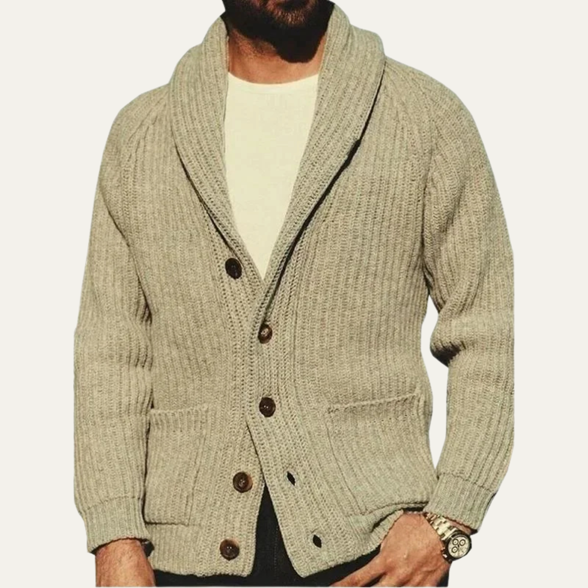 Classic Men's Khaki Crew Neck Cardigan Sweater