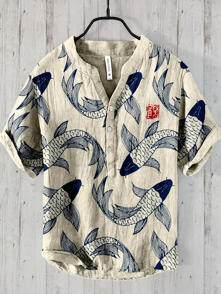 Casual Men's Linen Shirt with Fishing Print - Nocini