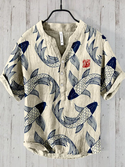 Casual Men's Linen Shirt with Fishing Print - Nocini