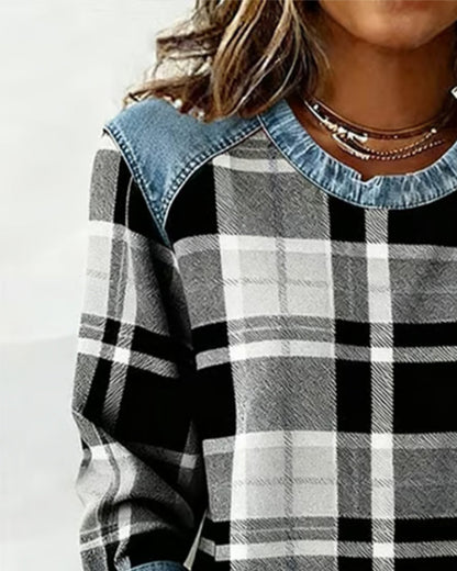Plaid Patchwork Crew Neck Sweatshirt