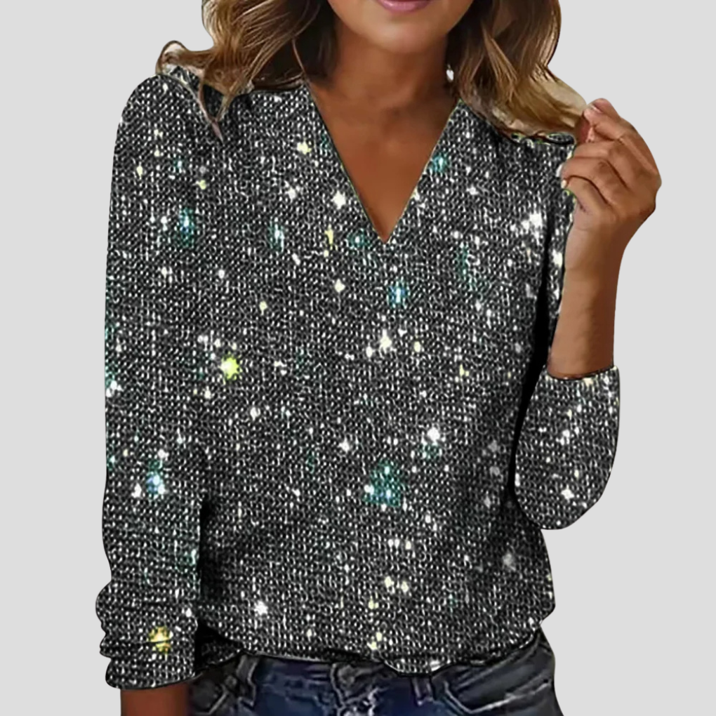 Sparkly Deep V Neck Long Sleeve Shirt - Olytrend