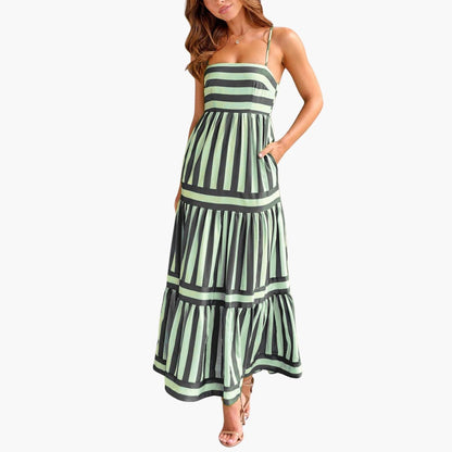 Women's Long Striped Sundress with Adjustable Straps