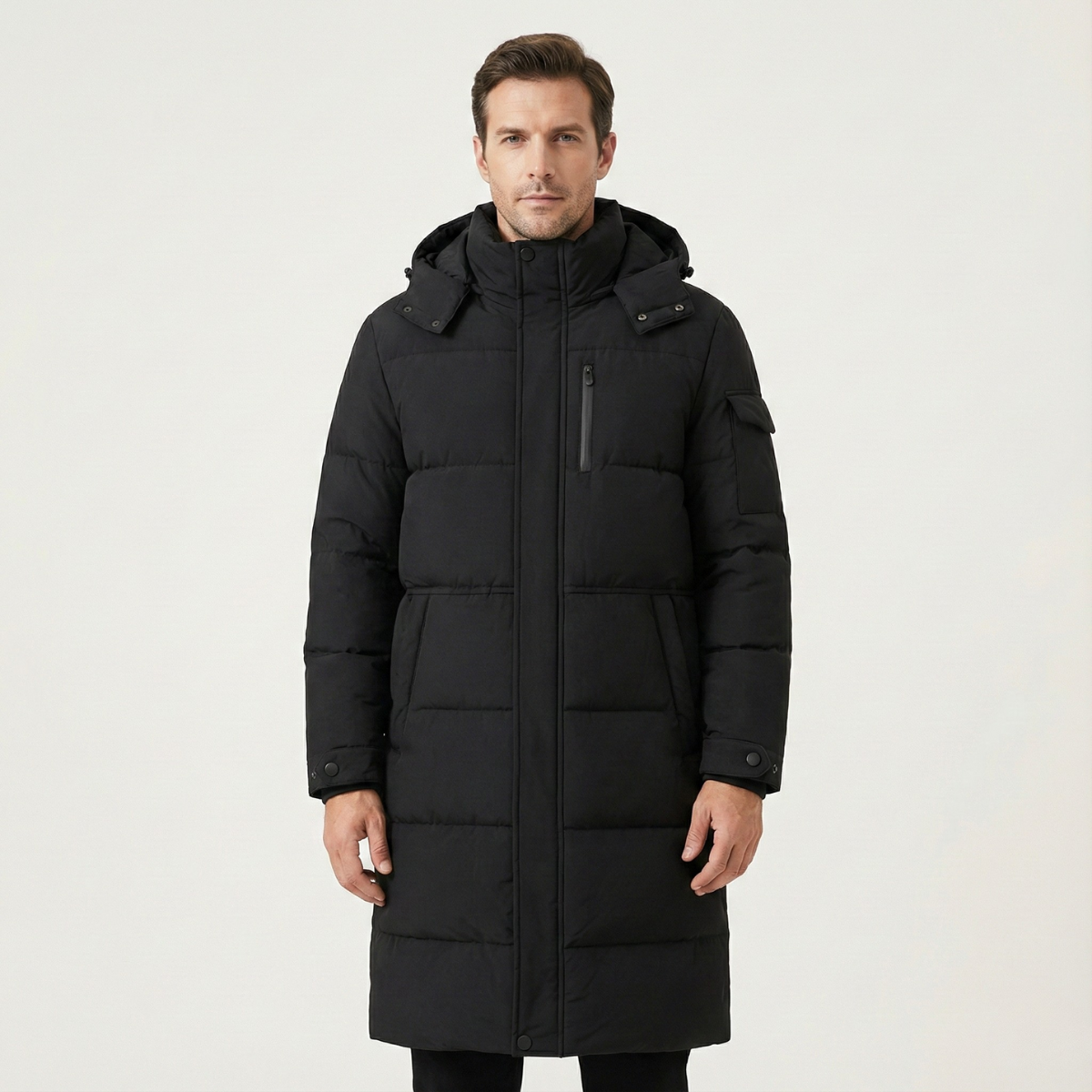 Warm Men's Black Down Parka Coat with Hood
