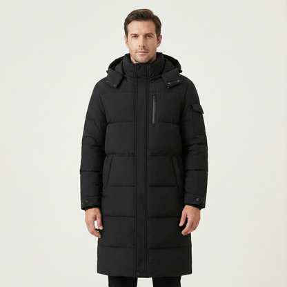 Warm Men's Black Down Parka Coat with Hood