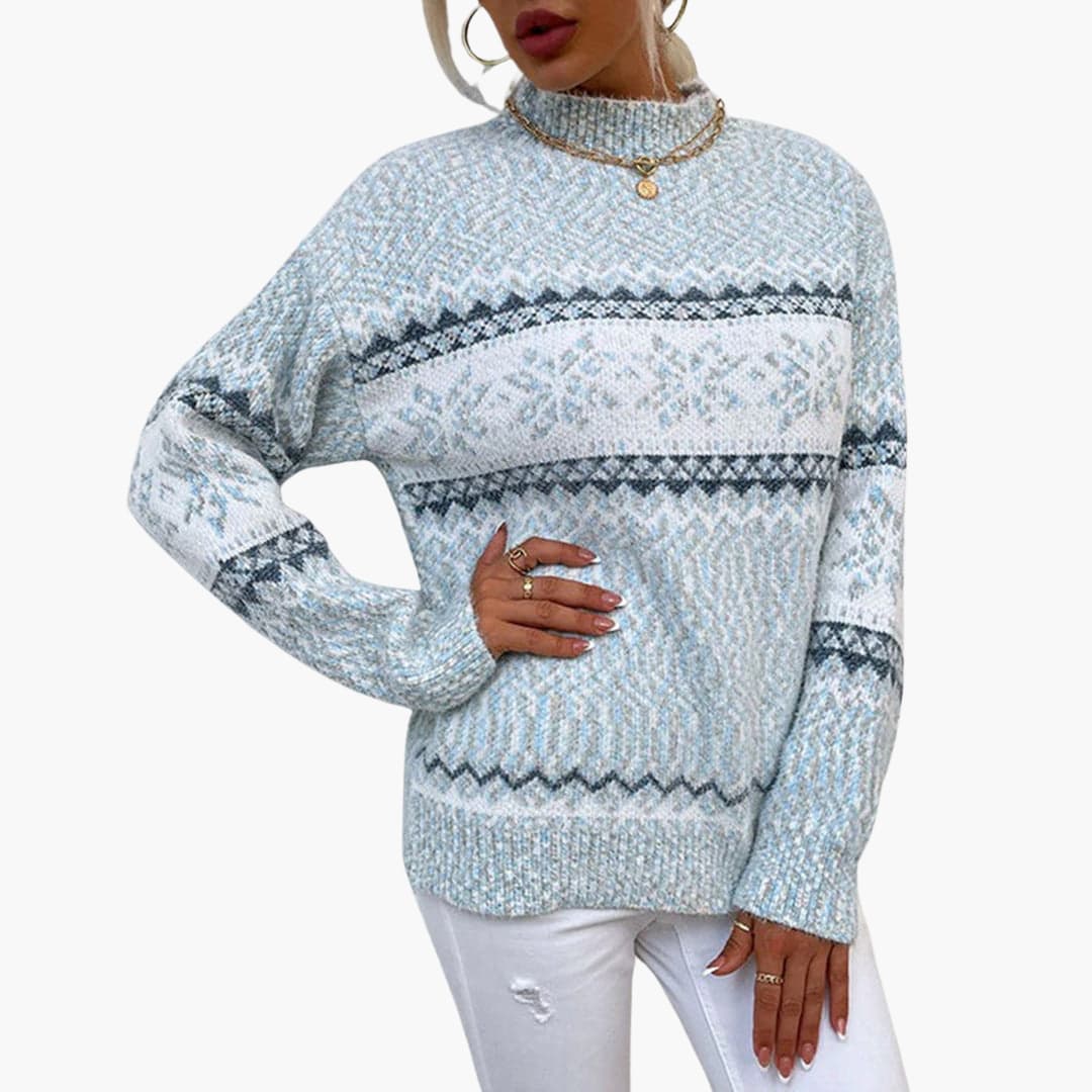 Women's Crew Neck Sweater with Snowflake Design - Olytrend