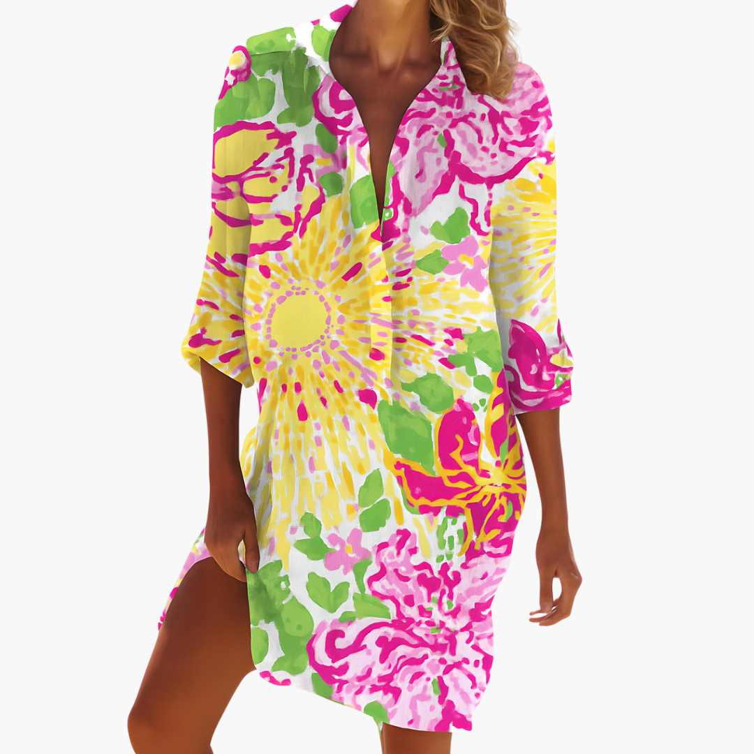 Ladies Long Sleeve Button Front Dress - Olytrend