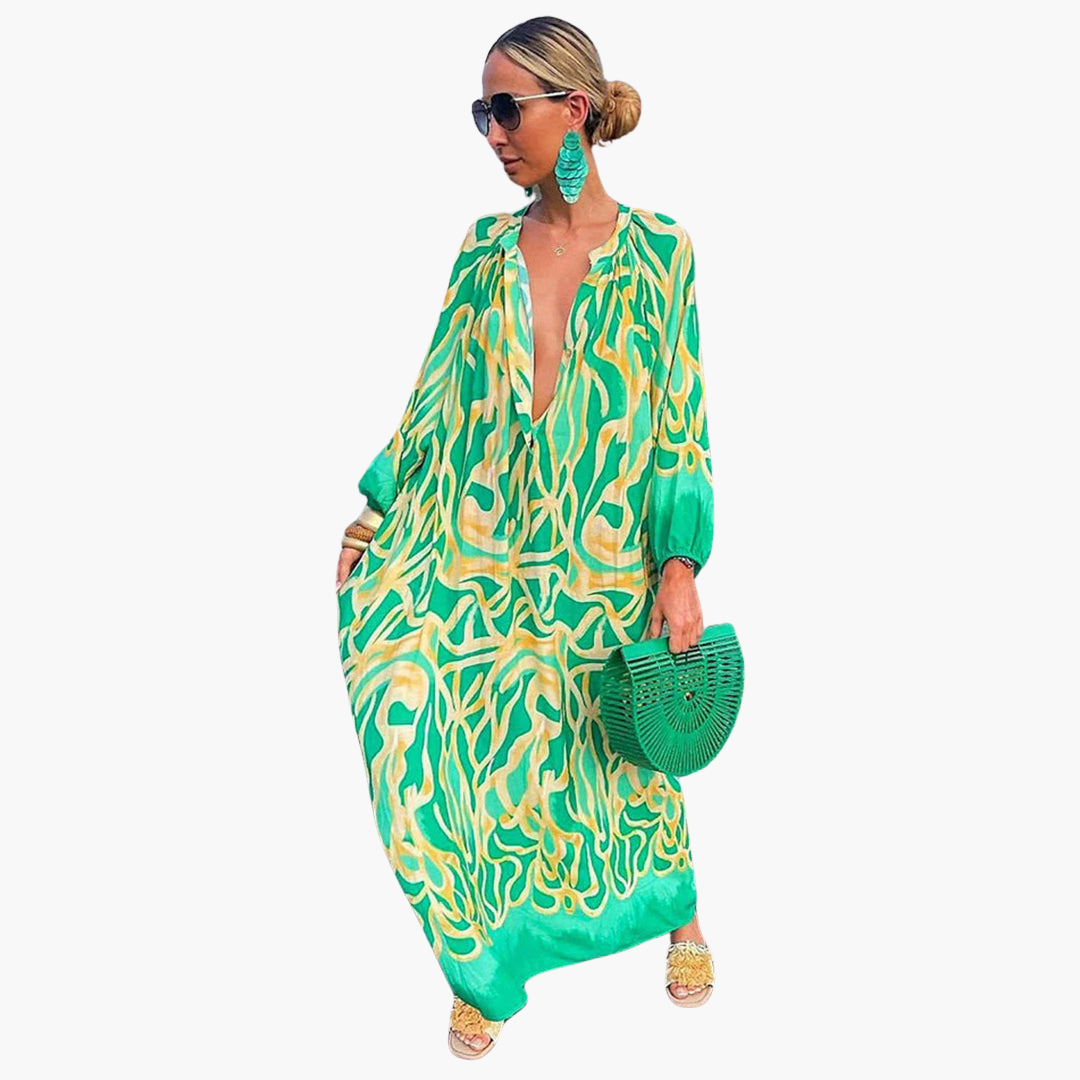 Long Flowy Green Floral Women's Dress - Olytrend