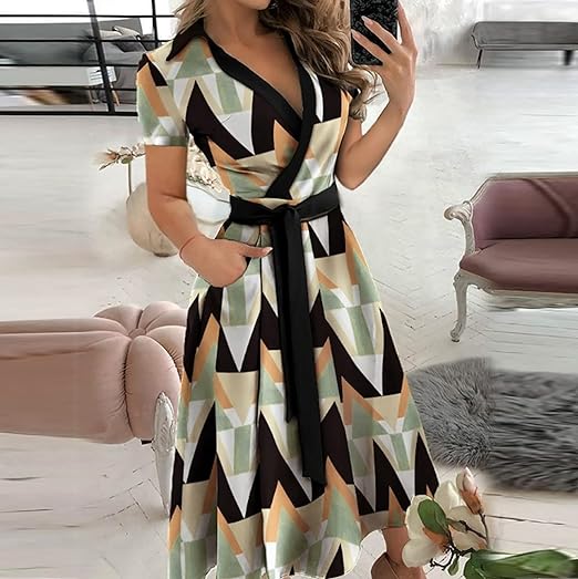 Ladies' V-Neck Midi Dress with Waist Belt - Nocini