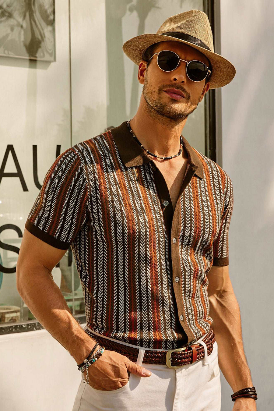 Classic Fit Mens Striped Short Sleeve Polo Shirt - Nocini