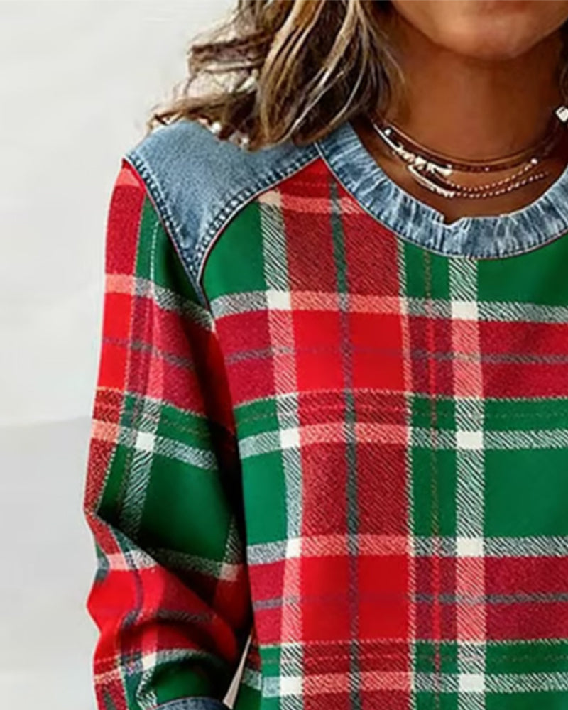 Plaid Patchwork Crew Neck Sweatshirt