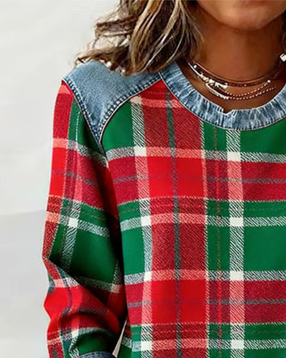 Plaid Patchwork Crew Neck Sweatshirt