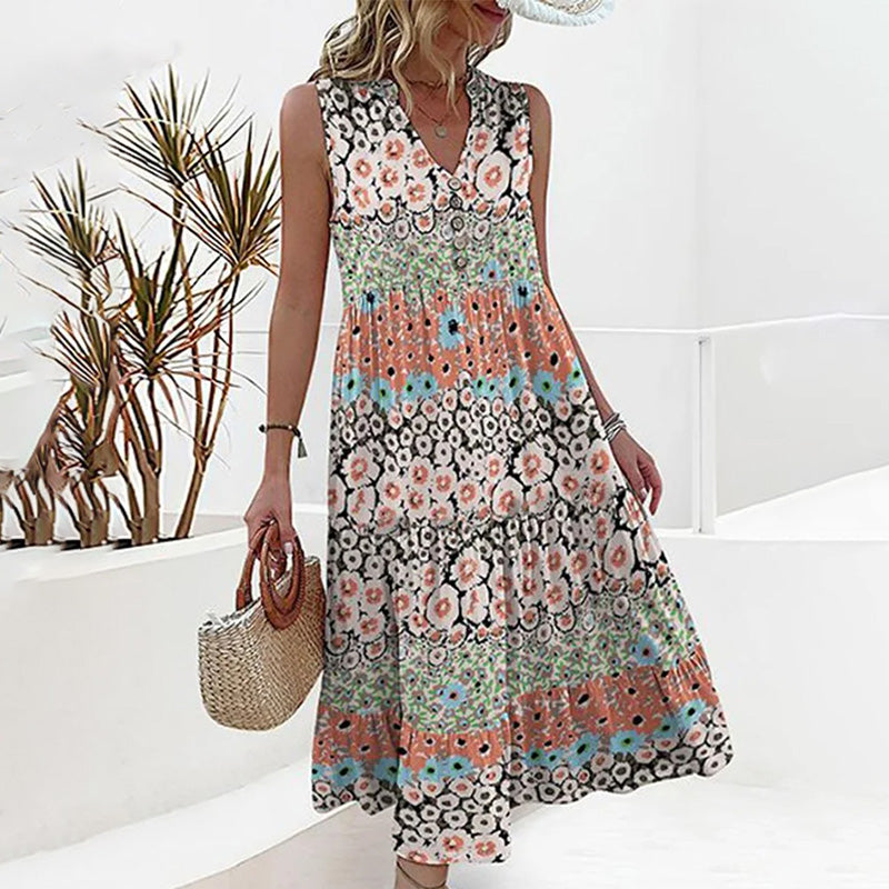 Loose Fit Floral V-Neck Summer Dress - Nocini