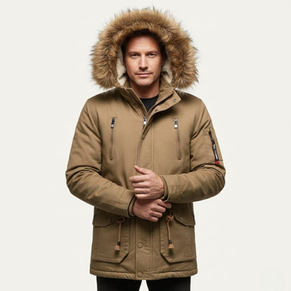 Warm Men's Down Parka Jacket with Faux Fur Hood