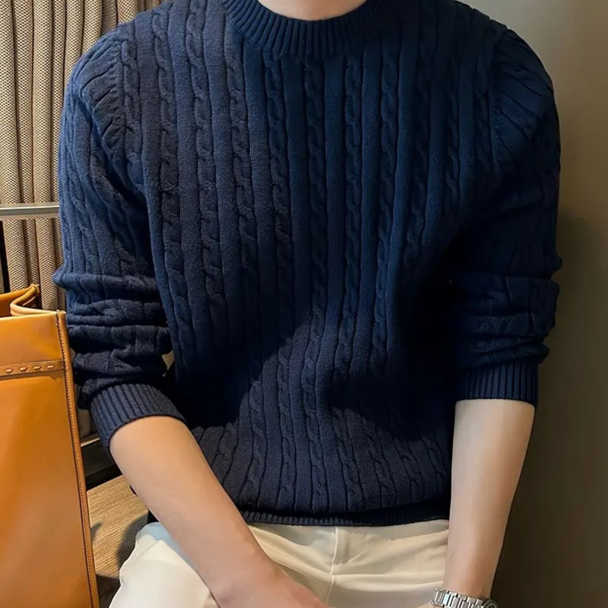 Luxury Navy Blue Men's Merino Wool Sweater
