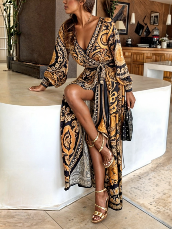 Women's Floral Maxi Dress with V Neck and Wrap Style - Nocini