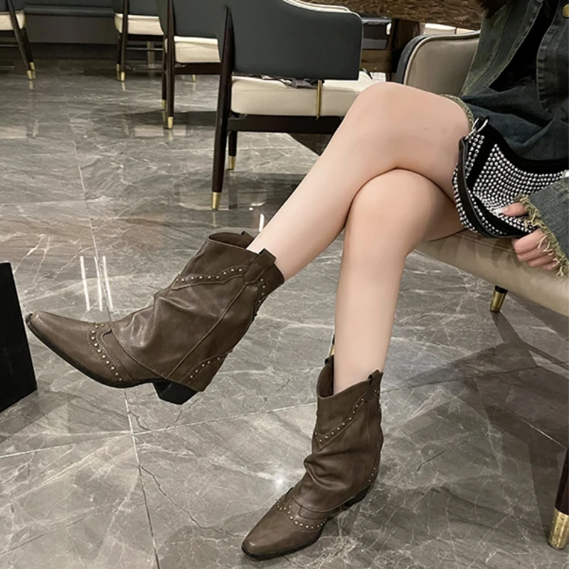 Decorative Buckle Cowboy Boots - Olytrend