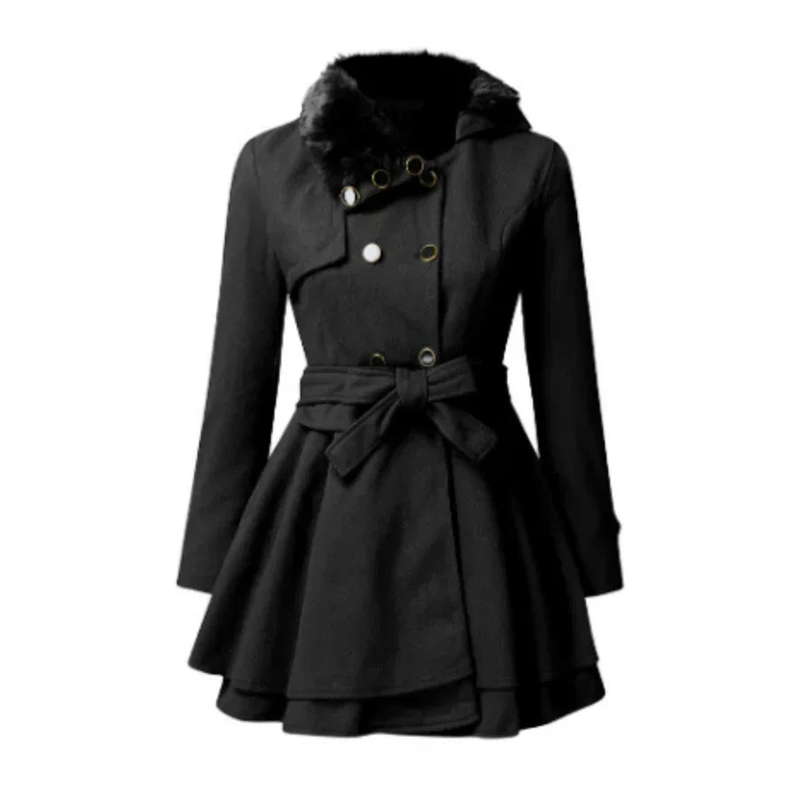 Ladies Faux Fur Trimmed Belted Coat