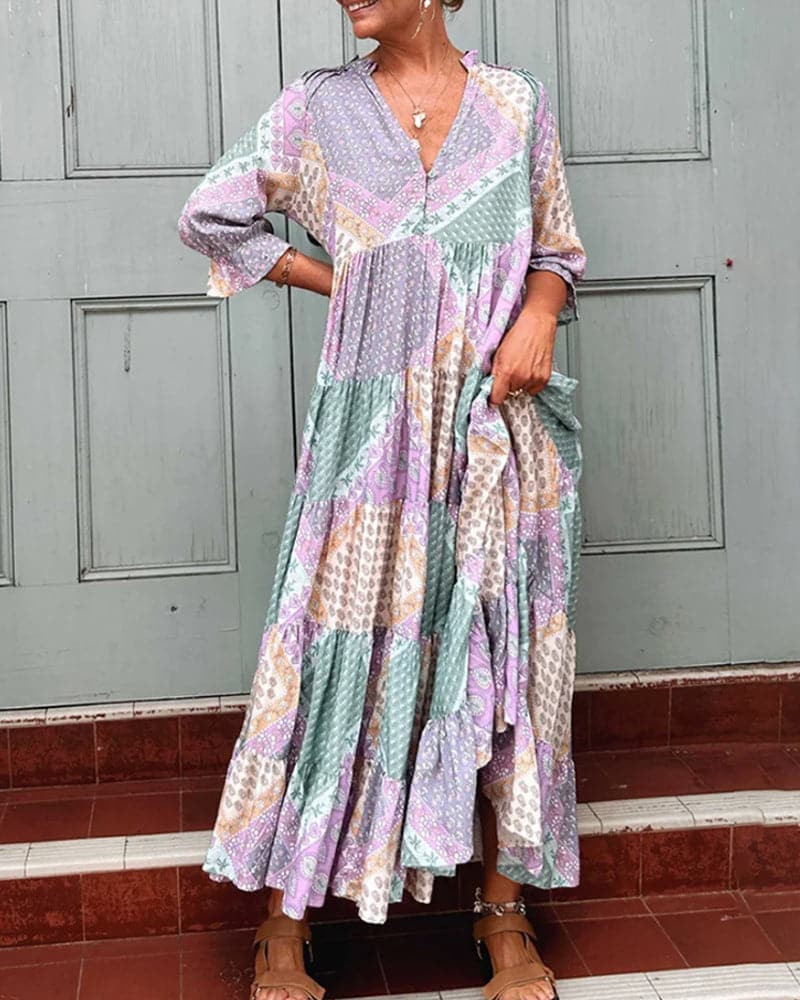 Loose Fit Floral Maxi Dress with V Neck - Nocini