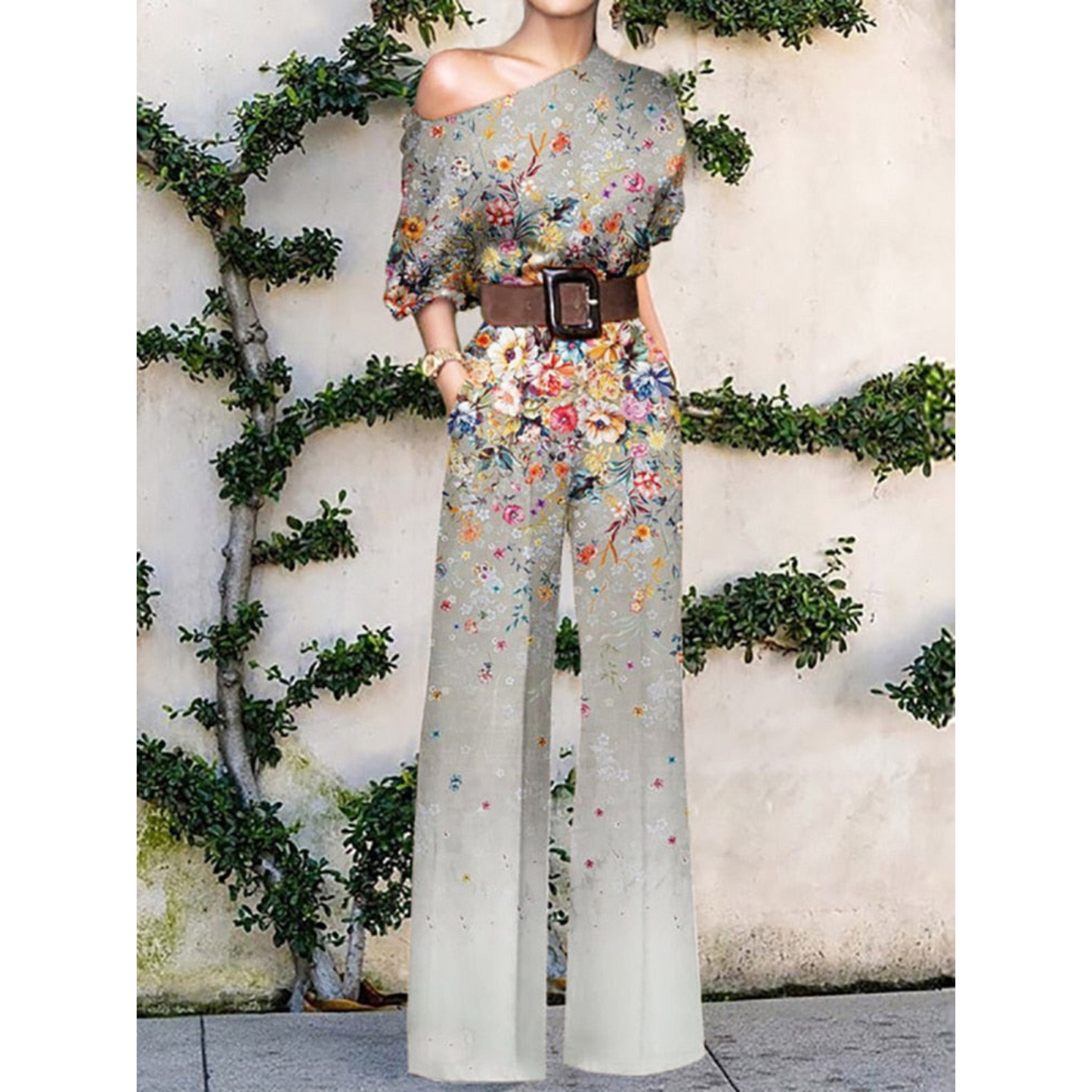 Women's One Shoulder Jumpsuit with Floral Print and Belted Waist
