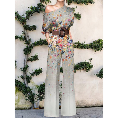 Women's One Shoulder Jumpsuit with Floral Print and Belted Waist