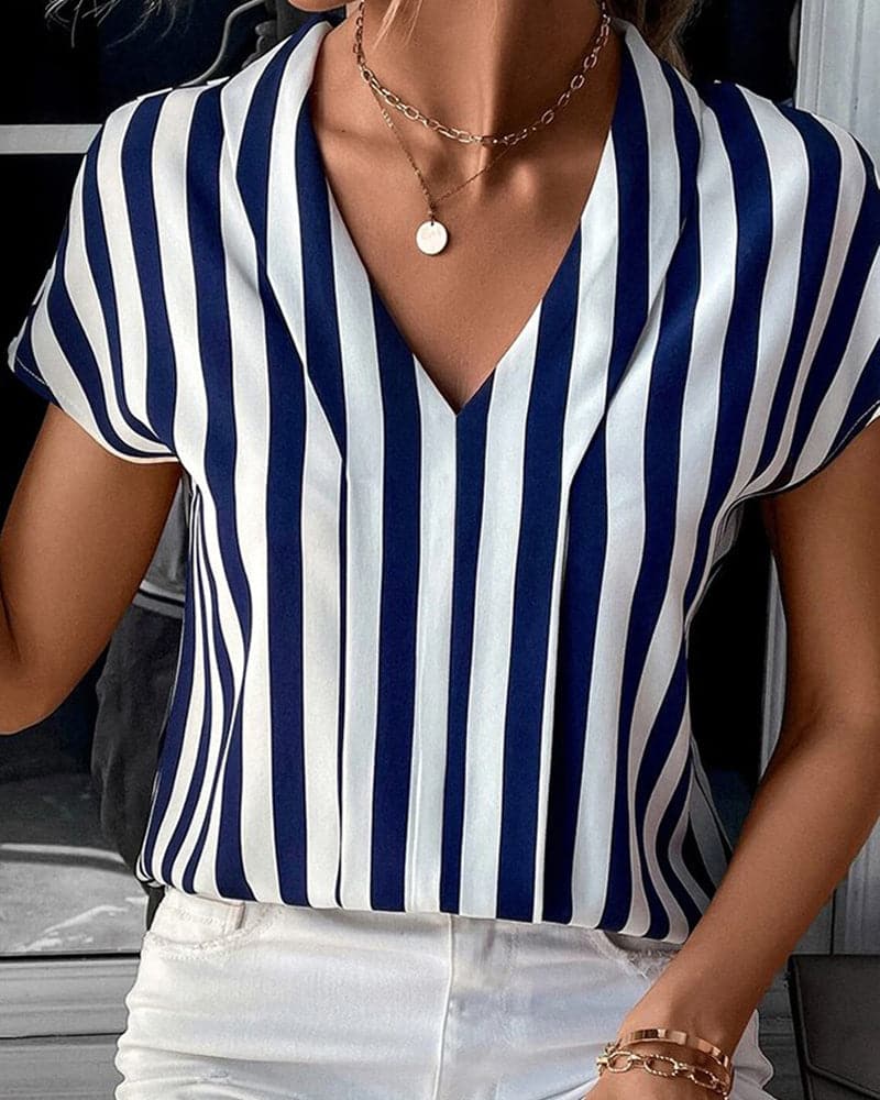 Relaxed Fit Casual Striped V-Neck Blouse - Nocini